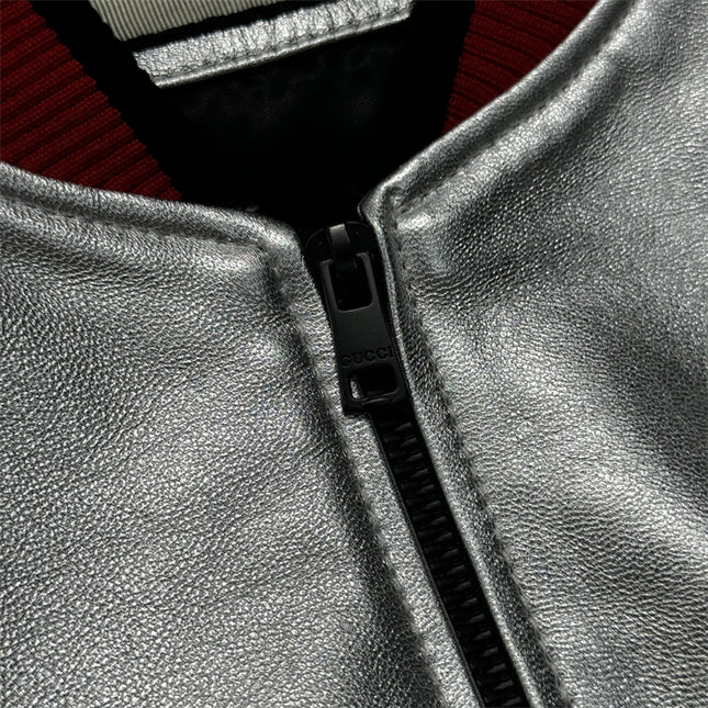 Gucci Silver Metallic Crinkle Leather Bomber Jacket