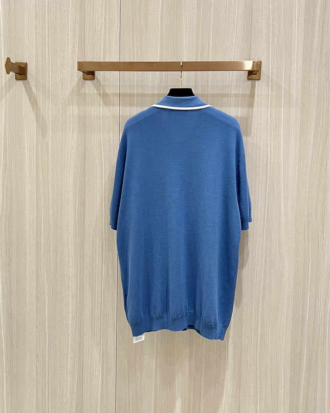 Gucci Cotton Polo Shirt With Gg Embroidery (Blue Knit Pocket Polo)