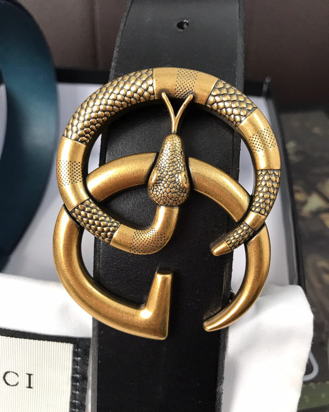 Gucci Leather Belt with Double G Snake Buckle 458949 – Black Leather