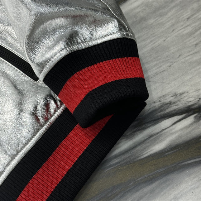 Gucci Silver Metallic Crinkle Leather Bomber Jacket