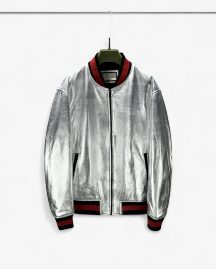 Gucci Silver Metallic Crinkle Leather Bomber Jacket