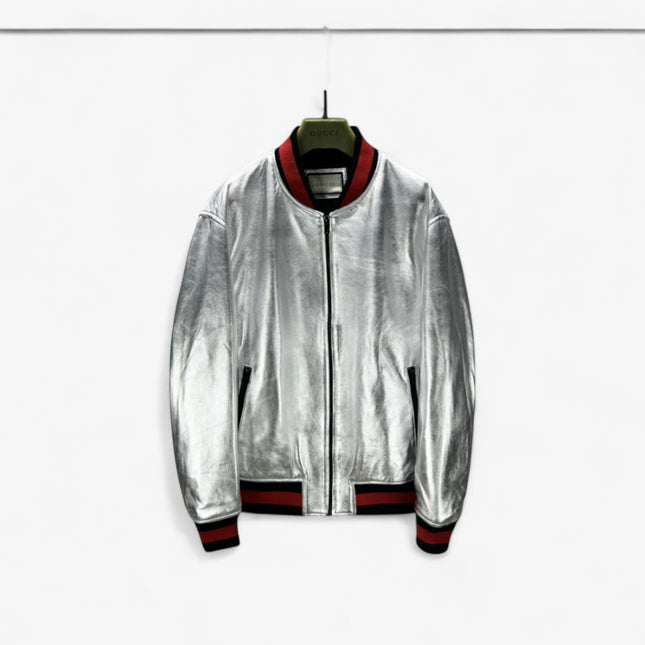 Gucci Silver Metallic Crinkle Leather Bomber Jacket