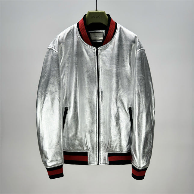 Gucci Silver Metallic Crinkle Leather Bomber Jacket