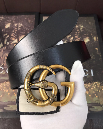 Gucci Leather Belt with Double G Snake Buckle 458949 – Black Leather