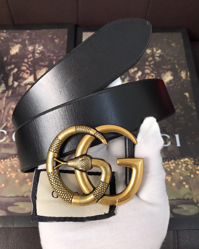 Gucci Leather Belt with Double G Snake Buckle 458949 – Black Leather