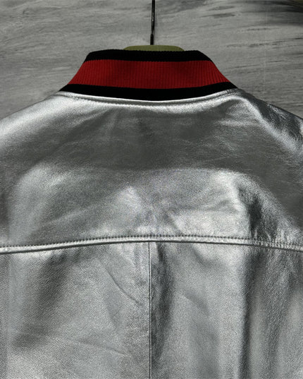 Gucci Silver Metallic Crinkle Leather Bomber Jacket