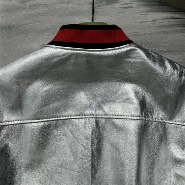 Gucci Silver Metallic Crinkle Leather Bomber Jacket