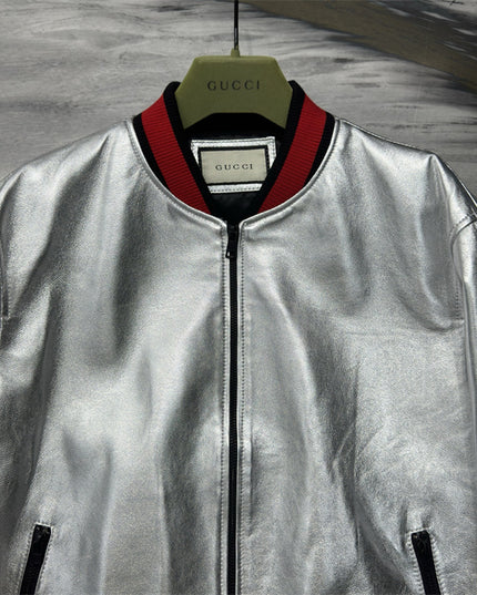 Gucci Silver Metallic Crinkle Leather Bomber Jacket
