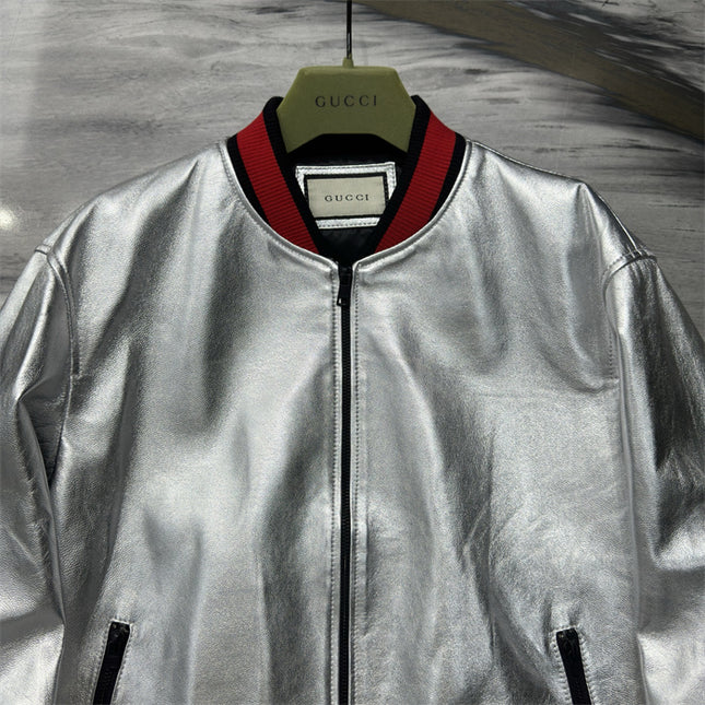 Gucci Silver Metallic Crinkle Leather Bomber Jacket