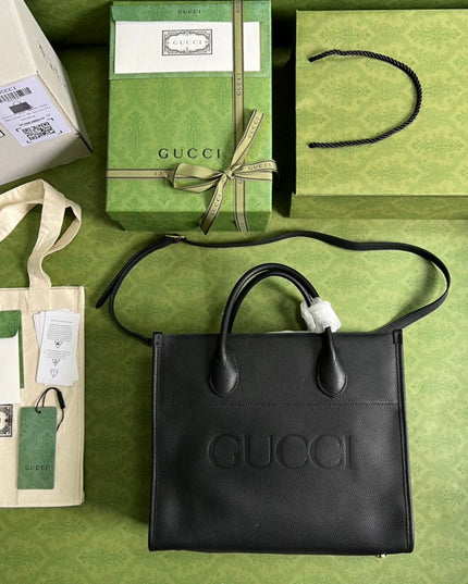 Gucci Embossed Logo Black Leather Tote Bag 674822