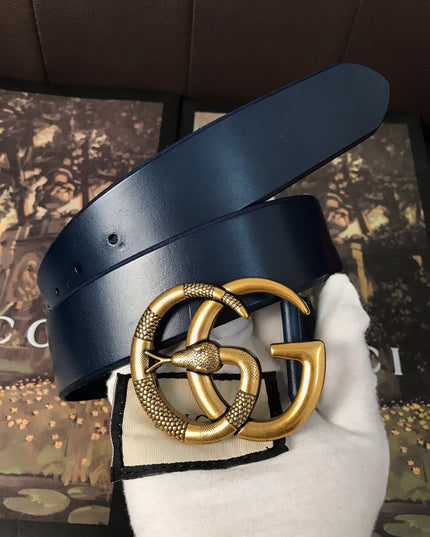 Gucci Leather Belt with Double G Snake Buckle – Navy Blue Leather