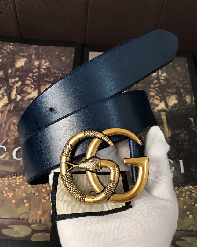 Gucci Leather Belt with Double G Snake Buckle – Navy Blue Leather