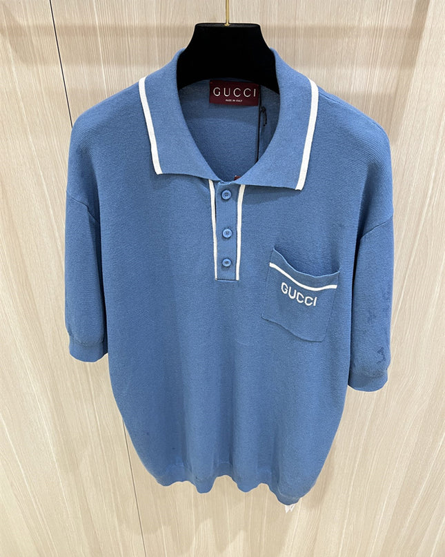 Gucci Cotton Polo Shirt With Gg Embroidery (Blue Knit Pocket Polo)