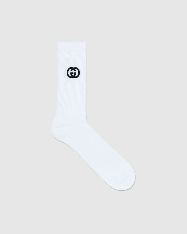 Gucci White Cotton Socks with Interlocking G Embroidery
