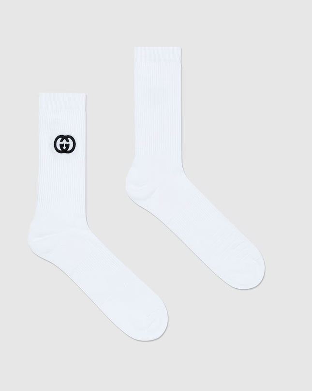 Gucci White Cotton Socks with Interlocking G Embroidery