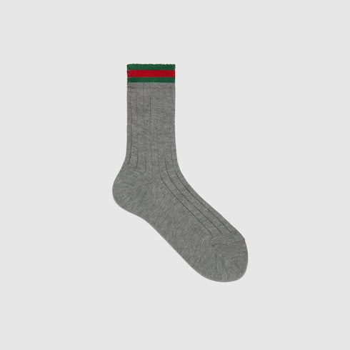 Gucci Kids Grey Ribbed Cotton Socks with Web Trim