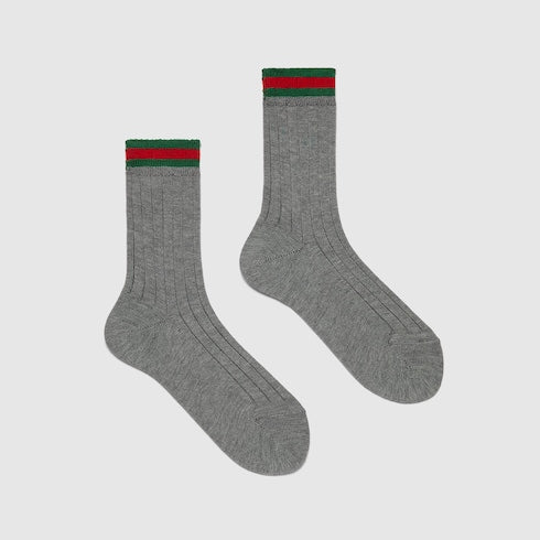 Gucci Kids Grey Ribbed Cotton Socks with Web Trim