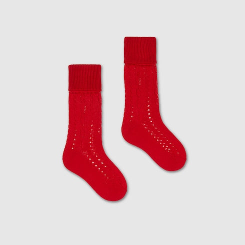 Gucci Baby Red Perforated Cotton Socks with Logo Knit