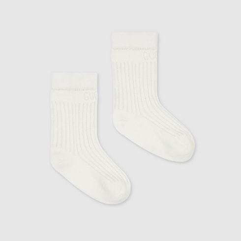 Gucci Kids Off-White Ribbed Cotton Socks with Perforated Logo