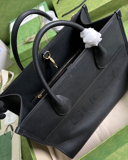 Gucci Embossed Logo Black Leather Tote Bag 674822