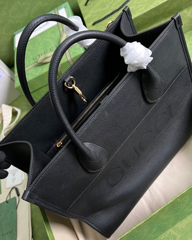 Gucci Embossed Logo Black Leather Tote Bag 674822