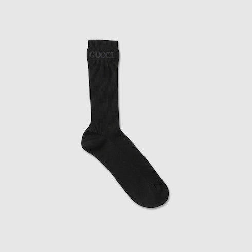 Gucci Black Ribbed Cotton Socks with Intarsia Logo