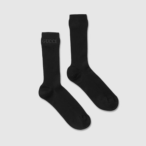 Gucci Black Ribbed Cotton Socks with Intarsia Logo