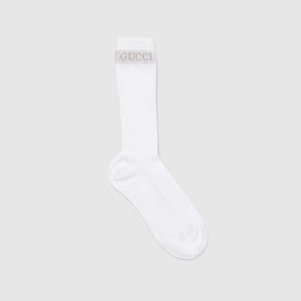 Gucci White Ribbed Cotton Socks with Intarsia Logo