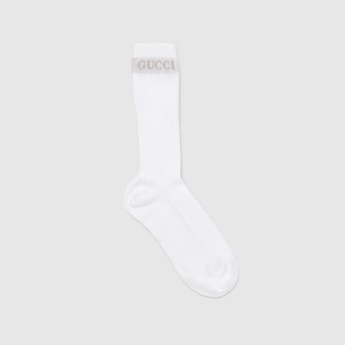 Gucci White Ribbed Cotton Socks with Intarsia Logo