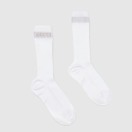 Gucci White Ribbed Cotton Socks with Intarsia Logo