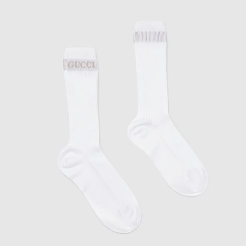 Gucci White Ribbed Cotton Socks with Intarsia Logo