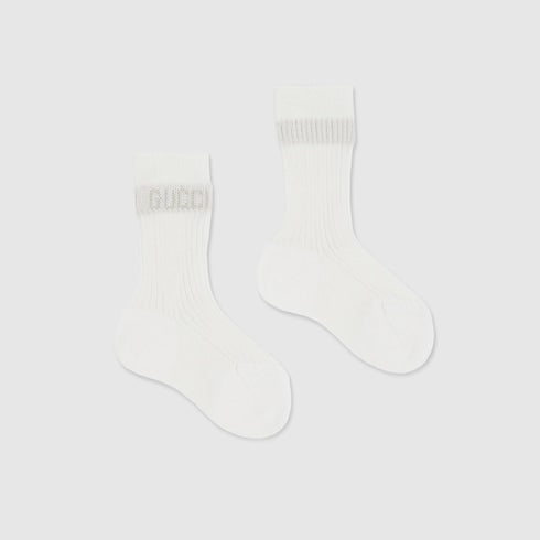 Gucci Baby White Ribbed Cotton Socks with Logo