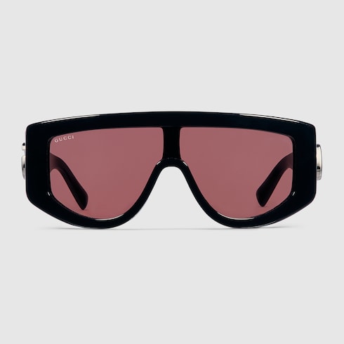 Gucci Black Shield Sunglasses with Double G & Burgundy Lens – GG1950S