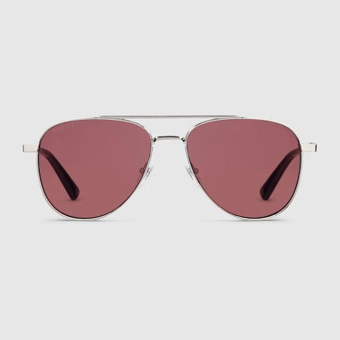 GUCCI GG1962S Aviator Sunglasses – Silver with Burgundy Lenses