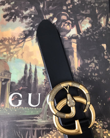 Gucci Leather Belt with Double G Snake Buckle 458949 – Black Leather