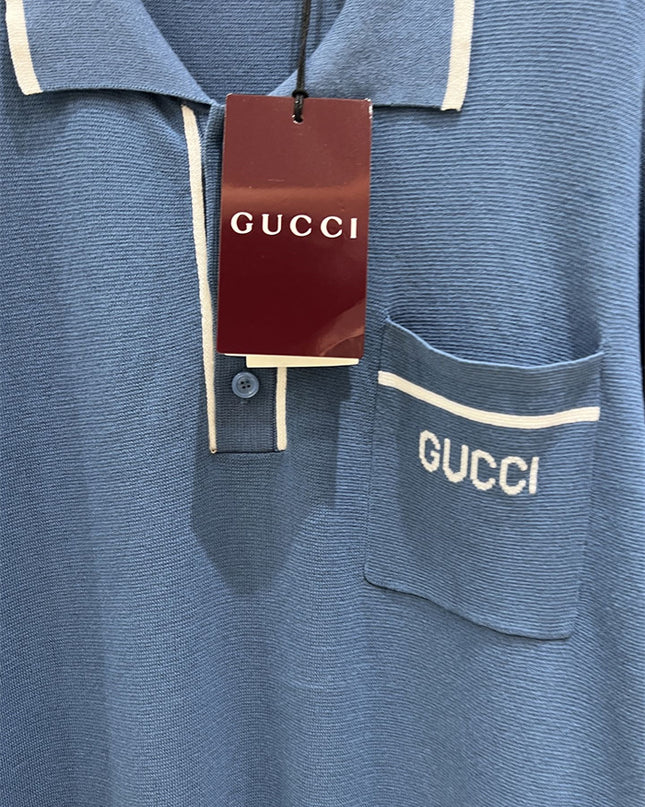 Gucci Cotton Polo Shirt With Gg Embroidery (Blue Knit Pocket Polo)
