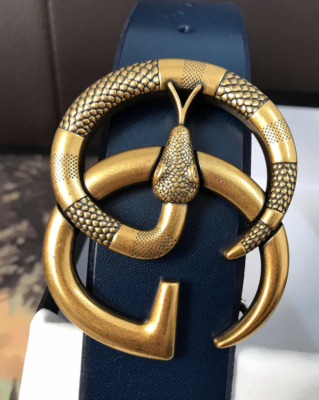 Gucci Leather Belt with Double G Snake Buckle – Navy Blue Leather