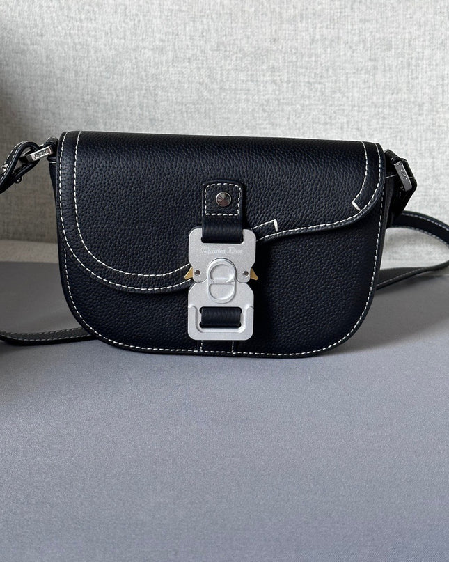 Dior Mini Messenger Bag – Black Grained Leather with White Contrast Stitching