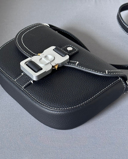 Dior Mini Messenger Bag – Black Grained Leather with White Contrast Stitching