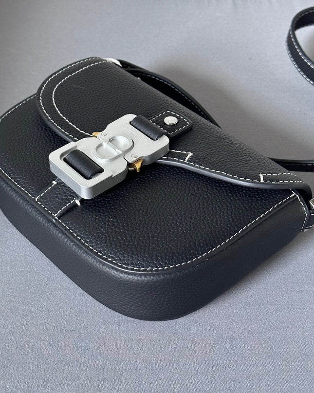 Dior Mini Messenger Bag – Black Grained Leather with White Contrast Stitching