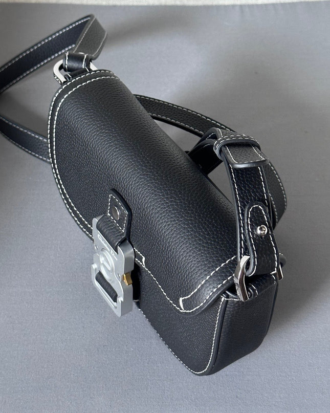 Dior Mini Messenger Bag – Black Grained Leather with White Contrast Stitching