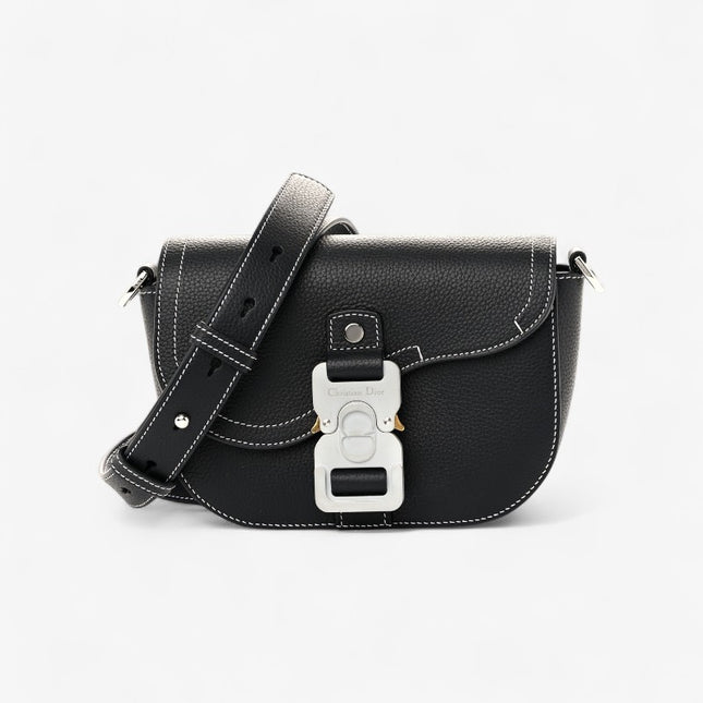 Dior Mini Messenger Bag – Black Grained Leather with White Contrast Stitching