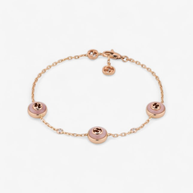 GUCCI 18k Rose Gold Interlocking G Pink Opal & Diamond Bracelet