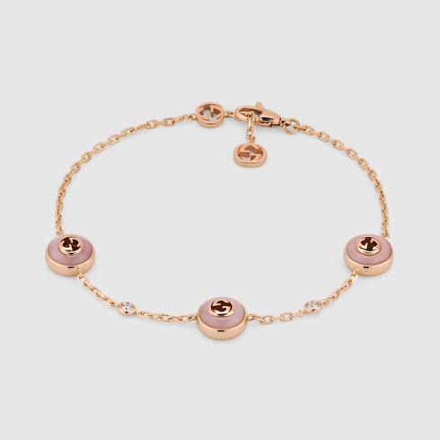 GUCCI 18k Rose Gold Interlocking G Pink Opal & Diamond Bracelet