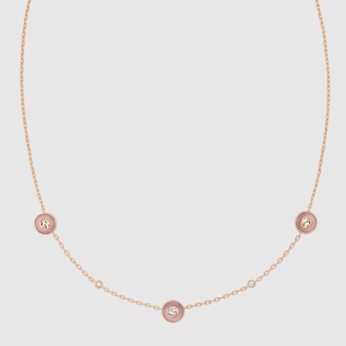 GUCCI 18k Rose Gold Interlocking G Pink Opal & Diamond Necklace