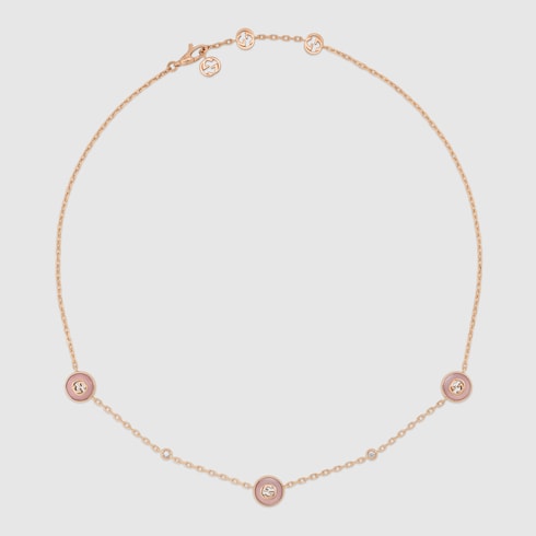 GUCCI 18k Rose Gold Interlocking G Pink Opal & Diamond Necklace