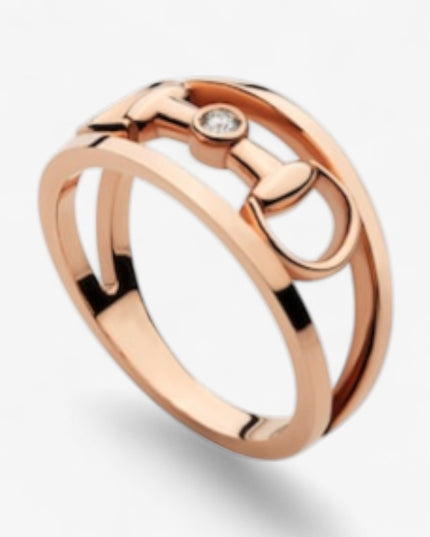 GUCCI 18k Rose Gold Wide Horsebit Diamond Ring