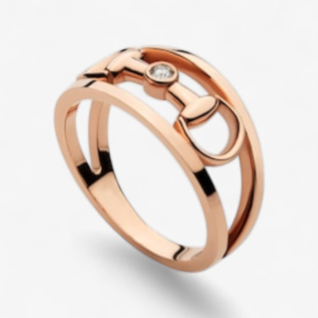 GUCCI 18k Rose Gold Wide Horsebit Diamond Ring