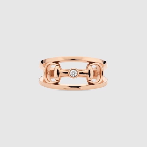GUCCI 18k Rose Gold Wide Horsebit Diamond Ring
