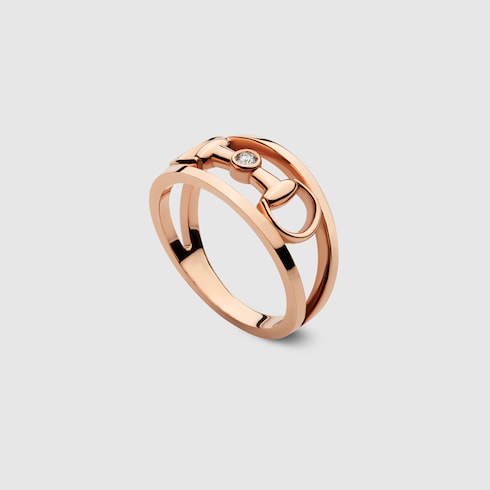 GUCCI 18k Rose Gold Wide Horsebit Diamond Ring